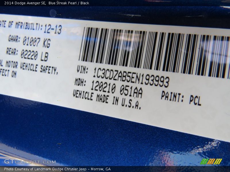 Blue Streak Pearl / Black 2014 Dodge Avenger SE