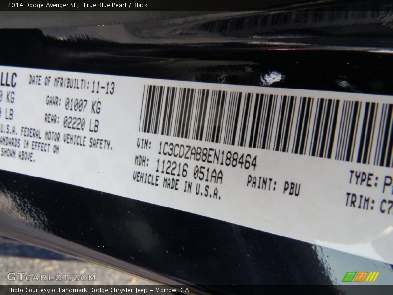 True Blue Pearl / Black 2014 Dodge Avenger SE