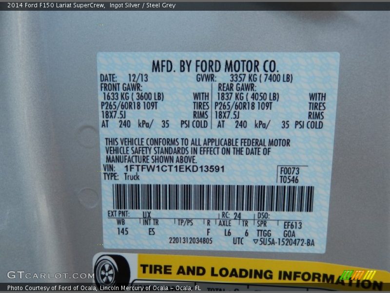 2014 F150 Lariat SuperCrew Ingot Silver Color Code UX