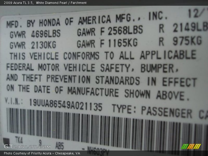 White Diamond Pearl / Parchment 2009 Acura TL 3.5