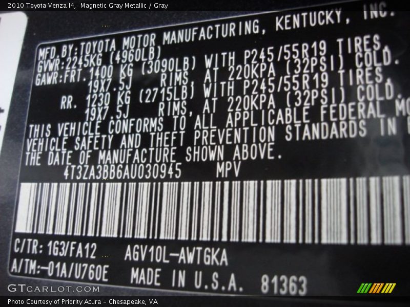 Magnetic Gray Metallic / Gray 2010 Toyota Venza I4