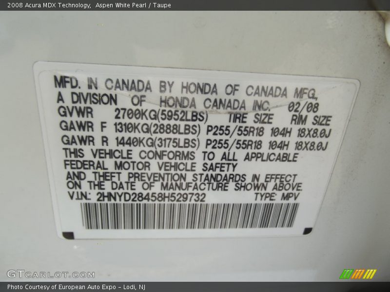 Aspen White Pearl / Taupe 2008 Acura MDX Technology
