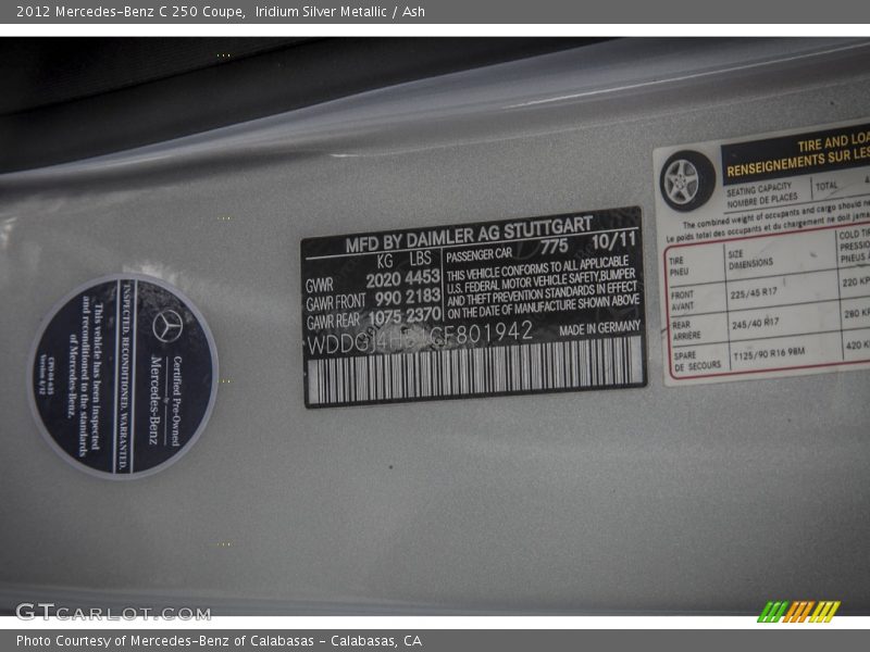 Iridium Silver Metallic / Ash 2012 Mercedes-Benz C 250 Coupe