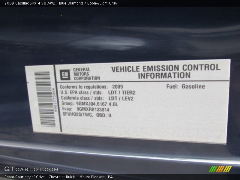 Info Tag of 2009 SRX 4 V8 AWD