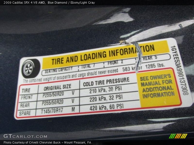 Info Tag of 2009 SRX 4 V8 AWD