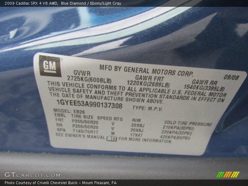 Info Tag of 2009 SRX 4 V8 AWD