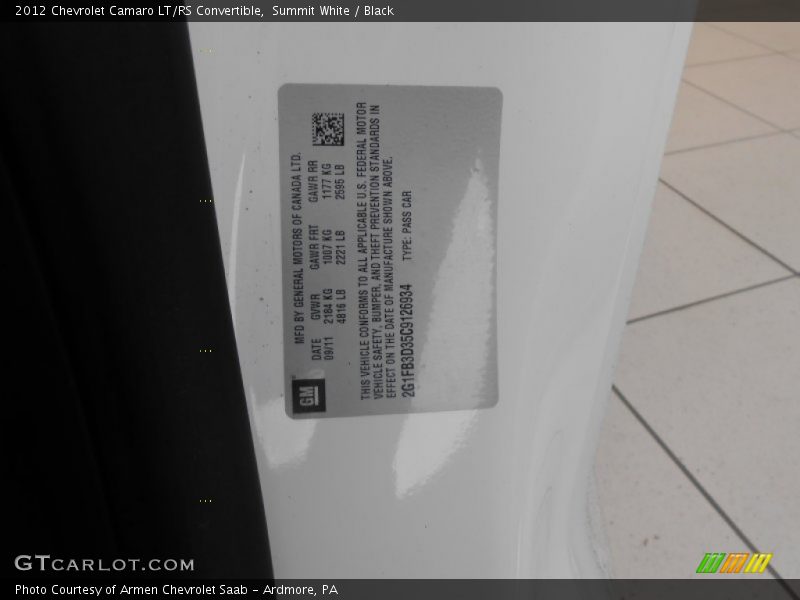 Summit White / Black 2012 Chevrolet Camaro LT/RS Convertible