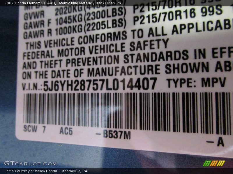 Atomic Blue Metallic / Black/Titanium 2007 Honda Element EX AWD