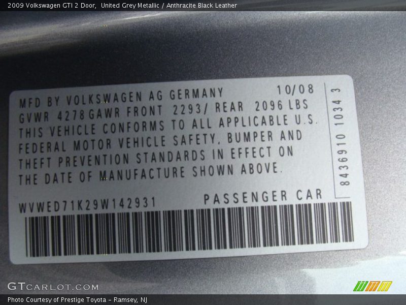 United Grey Metallic / Anthracite Black Leather 2009 Volkswagen GTI 2 Door
