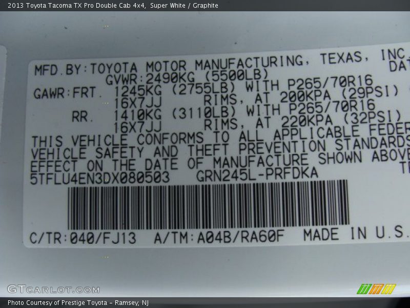 Super White / Graphite 2013 Toyota Tacoma TX Pro Double Cab 4x4