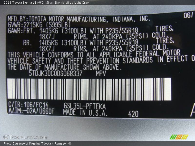 Silver Sky Metallic / Light Gray 2013 Toyota Sienna LE AWD