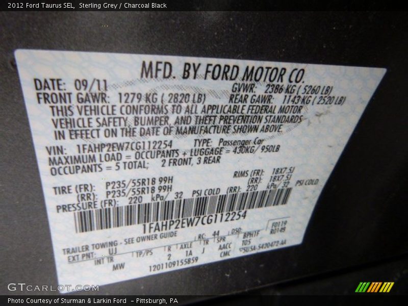 Sterling Grey / Charcoal Black 2012 Ford Taurus SEL