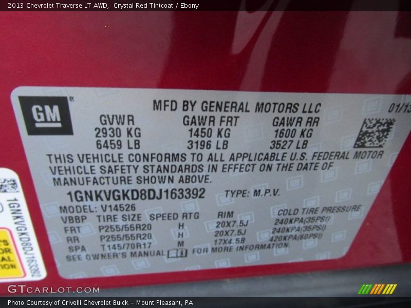 Crystal Red Tintcoat / Ebony 2013 Chevrolet Traverse LT AWD