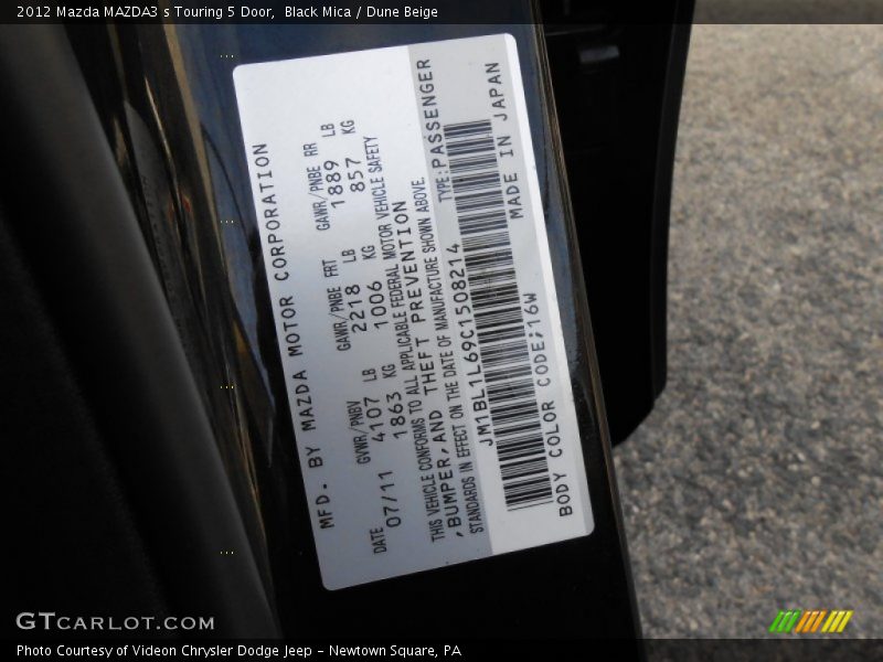 2012 MAZDA3 s Touring 5 Door Black Mica Color Code 16W