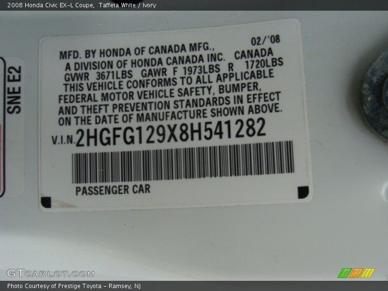Taffeta White / Ivory 2008 Honda Civic EX-L Coupe