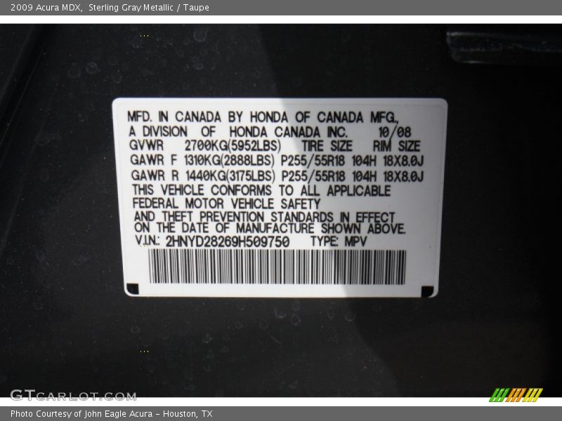 Sterling Gray Metallic / Taupe 2009 Acura MDX