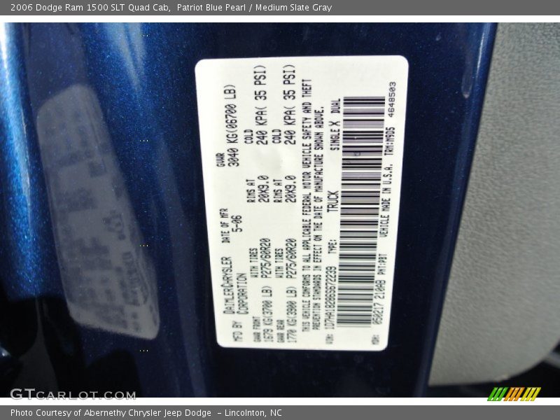 2006 Ram 1500 SLT Quad Cab Patriot Blue Pearl Color Code PBT