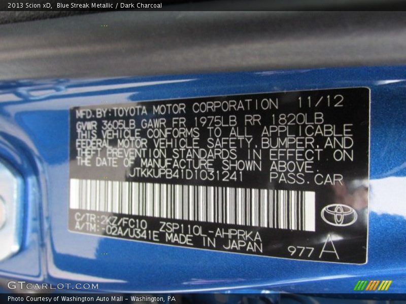 2013 xD  Blue Streak Metallic Color Code 2KZ