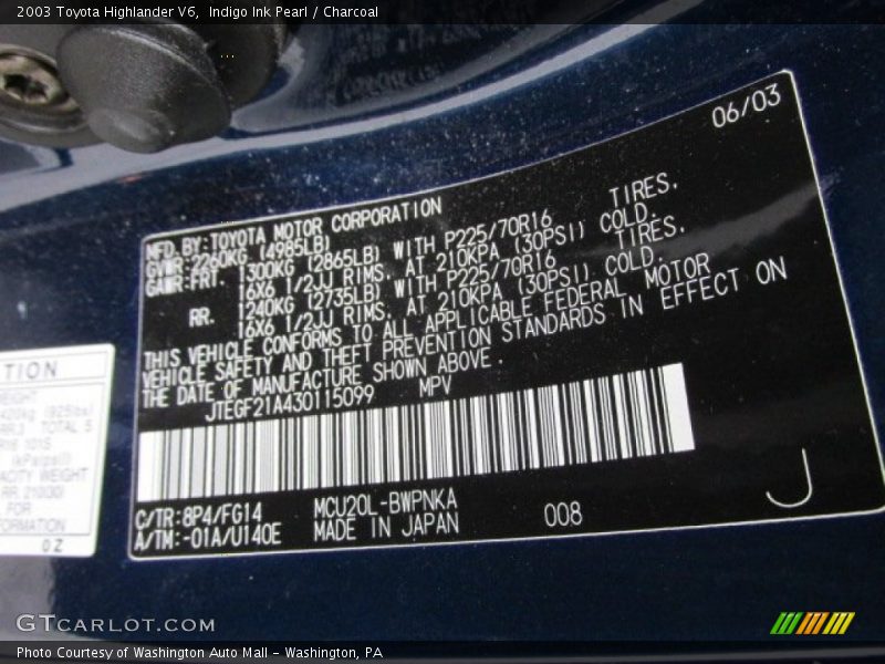 Indigo Ink Pearl / Charcoal 2003 Toyota Highlander V6