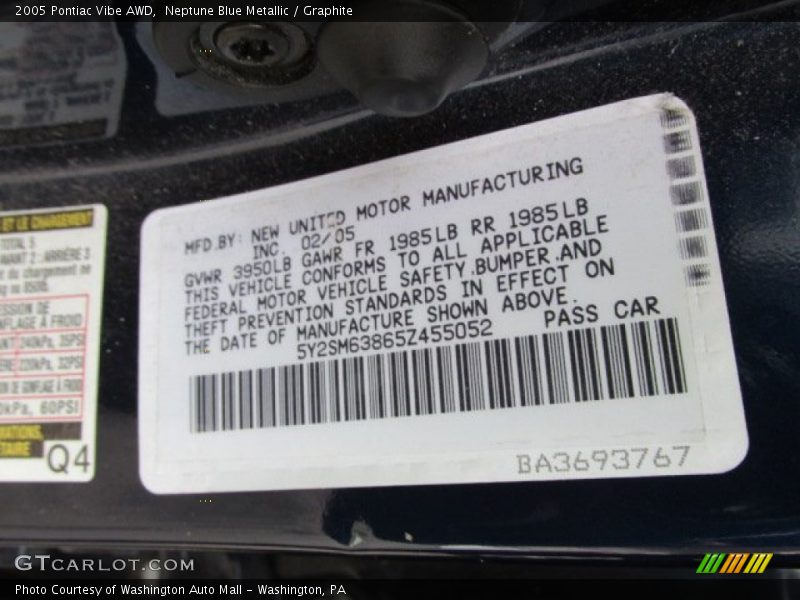 Neptune Blue Metallic / Graphite 2005 Pontiac Vibe AWD