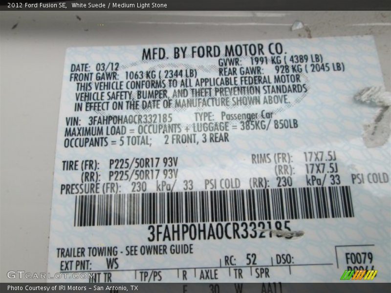 White Suede / Medium Light Stone 2012 Ford Fusion SE