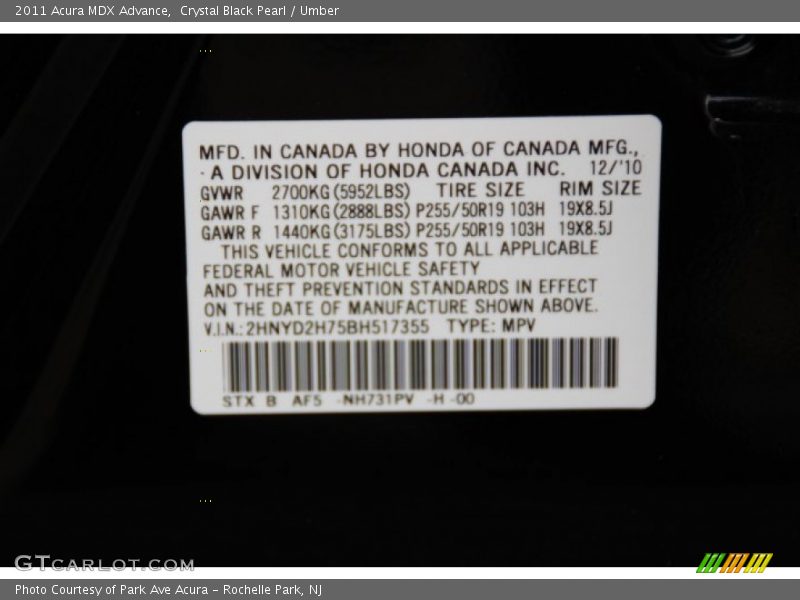 2011 MDX Advance Crystal Black Pearl Color Code NH731PV