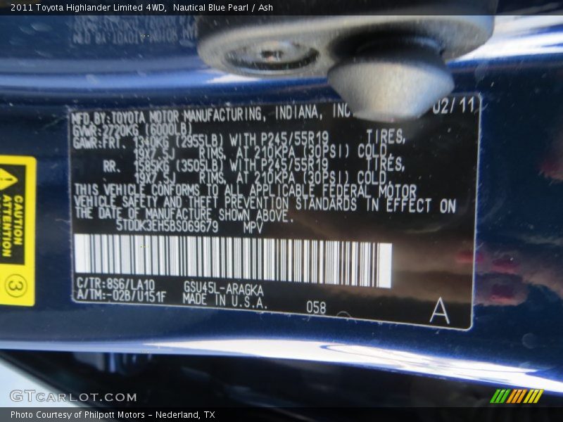 Nautical Blue Pearl / Ash 2011 Toyota Highlander Limited 4WD