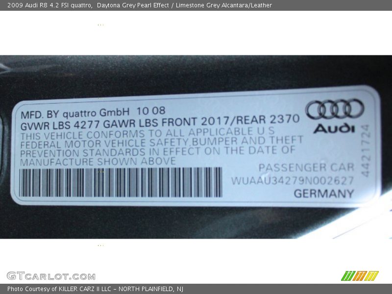 Info Tag of 2009 R8 4.2 FSI quattro