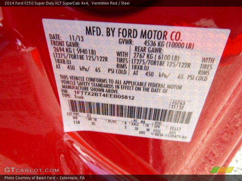 2014 F250 Super Duty XLT SuperCab 4x4 Vermillion Red Color Code F1