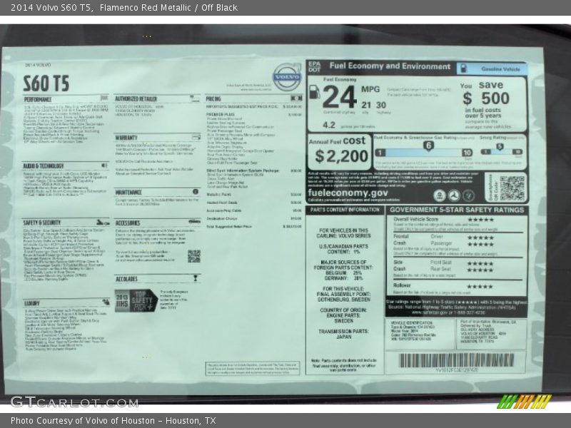 Flamenco Red Metallic / Off Black 2014 Volvo S60 T5