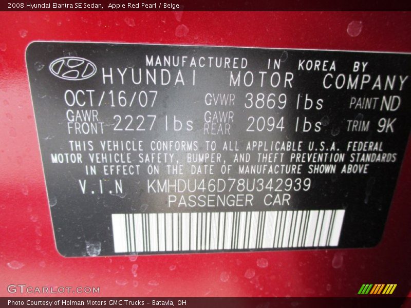 Apple Red Pearl / Beige 2008 Hyundai Elantra SE Sedan