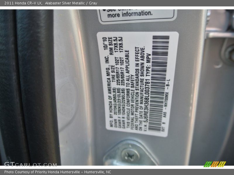 Alabaster Silver Metallic / Gray 2011 Honda CR-V LX
