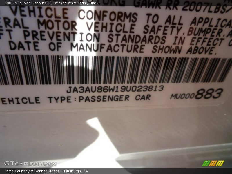 Wicked White Satin / Black 2009 Mitsubishi Lancer GTS