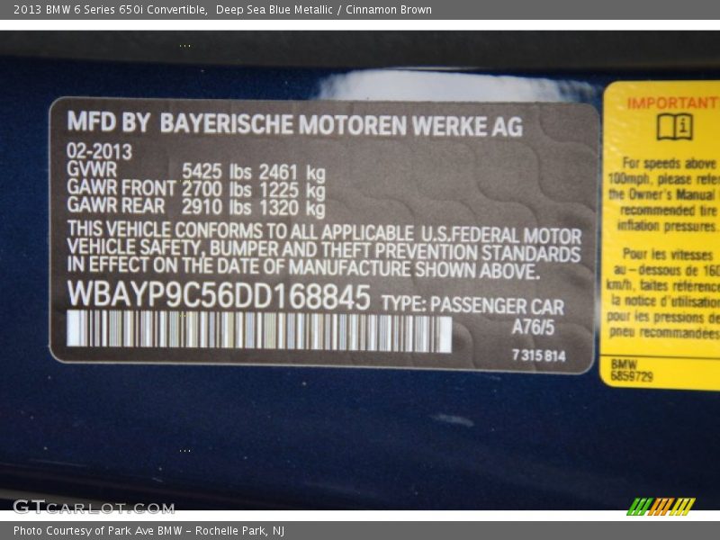2013 6 Series 650i Convertible Deep Sea Blue Metallic Color Code A76