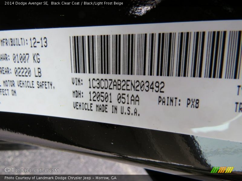 Black Clear Coat / Black/Light Frost Beige 2014 Dodge Avenger SE