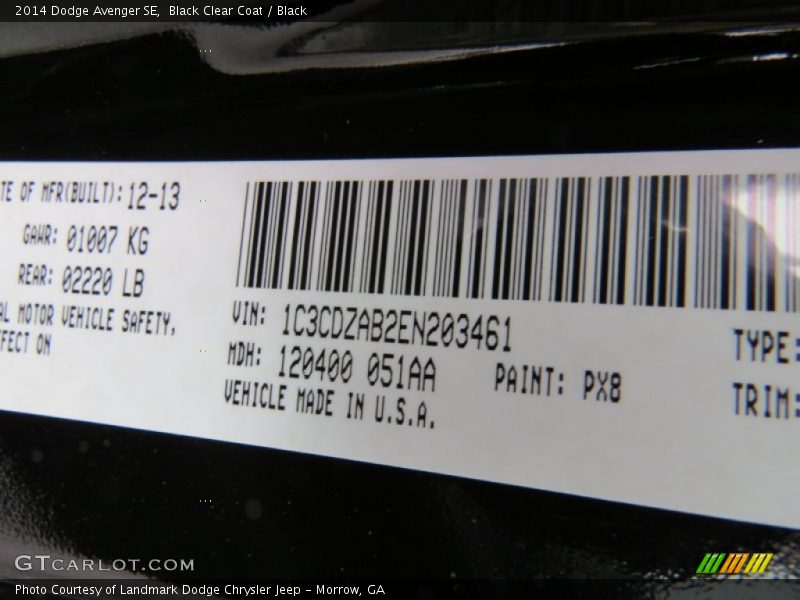 Black Clear Coat / Black 2014 Dodge Avenger SE