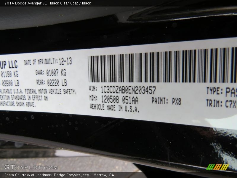 Black Clear Coat / Black 2014 Dodge Avenger SE
