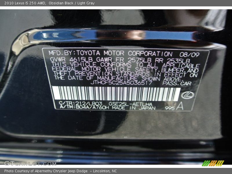 Obsidian Black / Light Gray 2010 Lexus IS 250 AWD