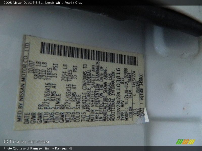 Nordic White Pearl / Gray 2008 Nissan Quest 3.5 SL