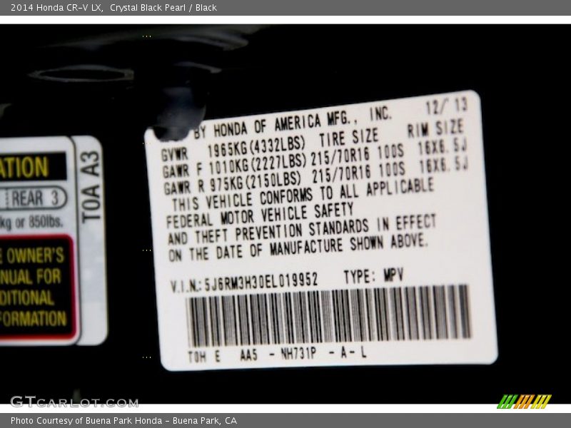 Crystal Black Pearl / Black 2014 Honda CR-V LX