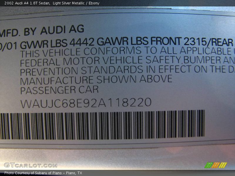 Light Silver Metallic / Ebony 2002 Audi A4 1.8T Sedan