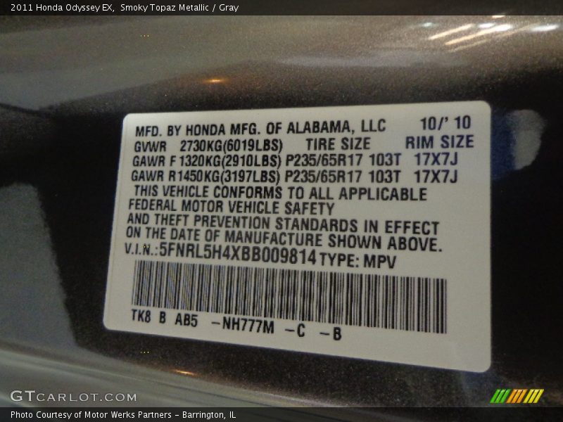 Smoky Topaz Metallic / Gray 2011 Honda Odyssey EX