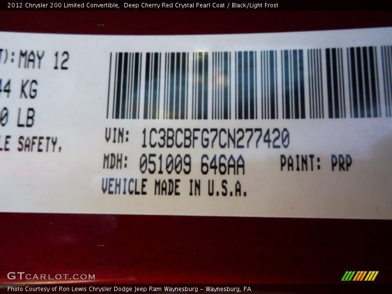 Deep Cherry Red Crystal Pearl Coat / Black/Light Frost 2012 Chrysler 200 Limited Convertible