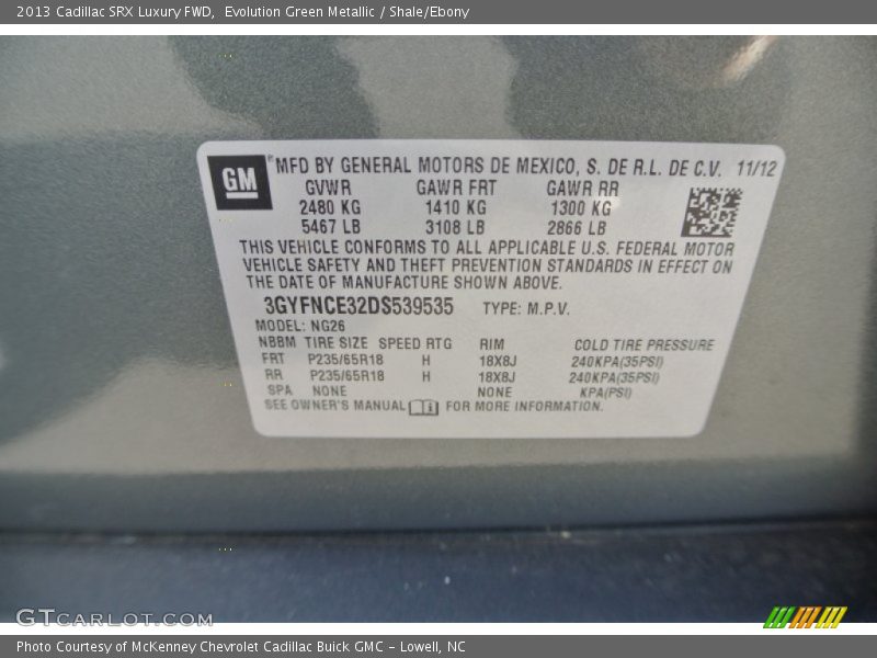 Evolution Green Metallic / Shale/Ebony 2013 Cadillac SRX Luxury FWD