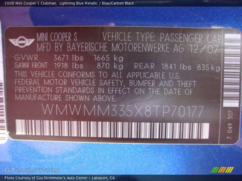 Lightning Blue Metallic / Blue/Carbon Black 2008 Mini Cooper S Clubman