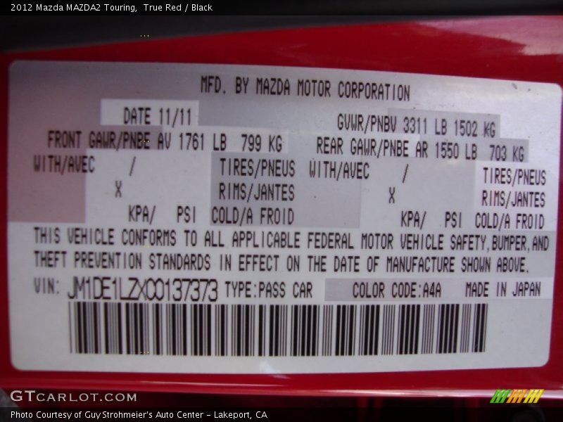 2012 MAZDA2 Touring True Red Color Code A4A