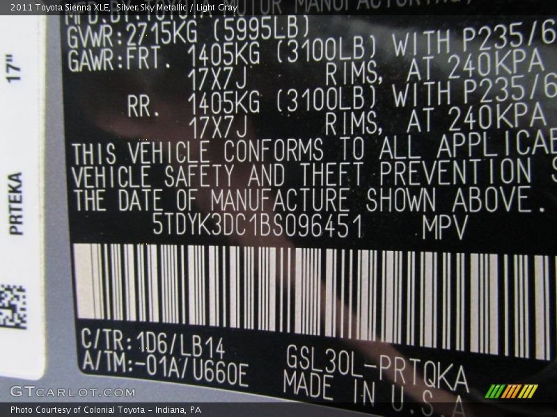 Silver Sky Metallic / Light Gray 2011 Toyota Sienna XLE