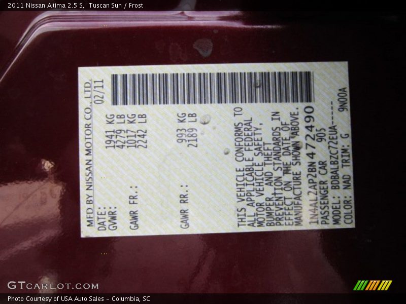 Tuscan Sun / Frost 2011 Nissan Altima 2.5 S