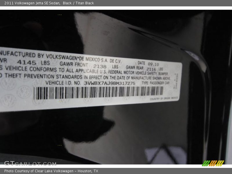 Black / Titan Black 2011 Volkswagen Jetta SE Sedan