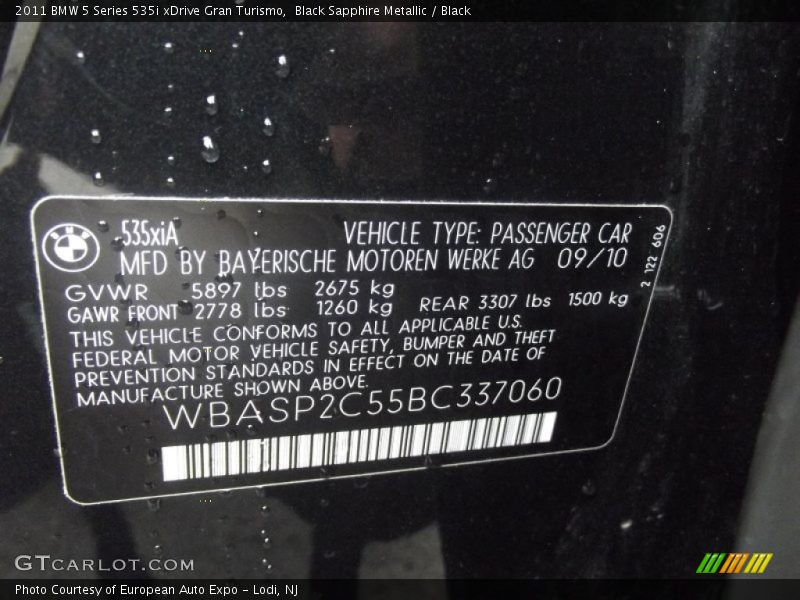 Black Sapphire Metallic / Black 2011 BMW 5 Series 535i xDrive Gran Turismo